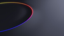 Black Surface With Embossed Shape And Rainbow Illuminated Edge. Tech Background With Neon Circle. 3D Render.