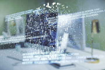 Poster - Double exposure of creative code skull hologram on laptop background. Malware and cyber crime concept