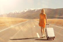 Sexy Girl In Dress With Suitcase On The Highway, Summer Travel Freedom, Woman Tourist