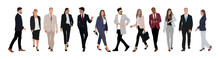 Set Of Different Business People Walking. Stylish Men And Women Wearing Formal Office Outfit. Business Fashion Look. Cartoon Characters In Suits Vector Realistic Illustration Isolated On White.