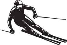 Vector Silhouette Of A Skier. Clip Art Image Of A Man On Skis, Isolated On Transparent Background.