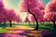 3D Illustration Of Cherry Blossoms Trees