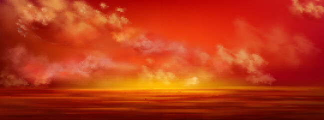 Wall Mural - Sunset sky in sea, red clouds flying over calm ocean water surface. Nature landscape, picturesque background with beautiful evening horizon perspective view, Realistic 3d vector illustration