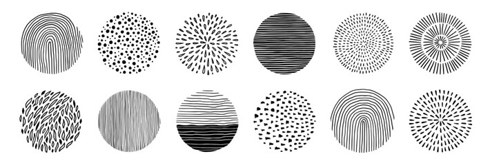 Poster - Scribble texture pattern circle set. Hand drawn line texture, doodle decorative spiral, scribble graphic round element. Circle pen drawn brush grunge texture. Vector illustration