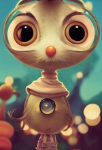 Character, Illustration, Cute, Adorable, Monster, Cartoon, Big Eyes, Unique, Whimsical, Jungle Background Like Dr Who. Digital, Illustration, Painting, Artwork, Scenery, Backgrounds	