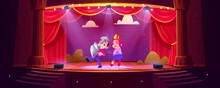 Children Actors Play On Theater Scene With Red Curtains, Columns And Spotlights. Cute Kids, Girl And Boy In Costumes On Wooden Theatre Stage, Vector Cartoon Illustration