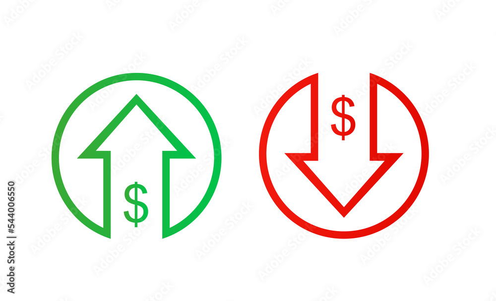 Dollar sign with green arrow up and red down, price or income vector ...