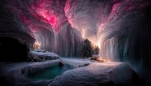 Dark Cave With Magical Colorful Neon Light. Glow Reflection, Mirrored, Fantasy Mountain Landscape, Cave Landscape, Neon. Underground Tunnel, Magic.