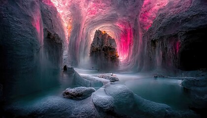 Dark cave with magical colorful neon light. Glow reflection, mirrored, fantasy mountain landscape, cave landscape, neon. Underground tunnel, magic.