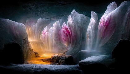 Dark cave with magical colorful neon light. Glow reflection, mirrored, fantasy mountain landscape, cave landscape, neon. Underground tunnel, magic.