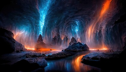 Dark cave with magical colorful neon light. Glow reflection, mirrored, fantasy mountain landscape, cave landscape, neon. Underground tunnel, magic.