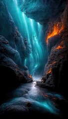 Dark cave with magical colorful neon light. Glow reflection, mirrored, fantasy mountain landscape, cave landscape, neon. Underground tunnel, magic.