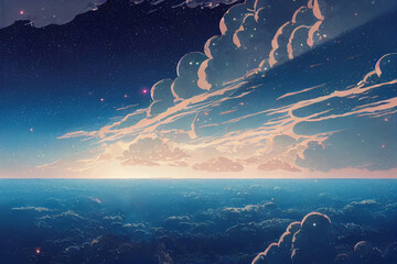 Wall Mural - fantasy atmosphere sky landscape. japanese anime style. dynamic cloud see through light. amazing vie