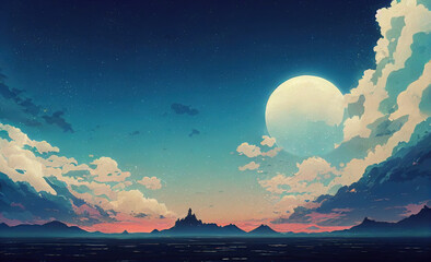 Wall Mural - fantasy atmosphere sky landscape. japanese anime style. dynamic cloud see through light. amazing vie
