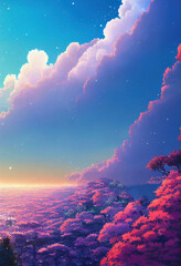 Wall Mural - Fantasy Atmosphere Sky Landscape. Japanese Anime Style. Dynamic Cloud See Through Light. Amazing View Background