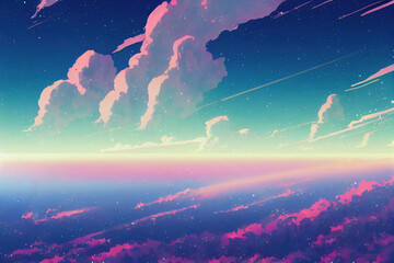 Wall Mural - fantasy atmosphere sky landscape. japanese anime style. dynamic cloud see through light. amazing vie