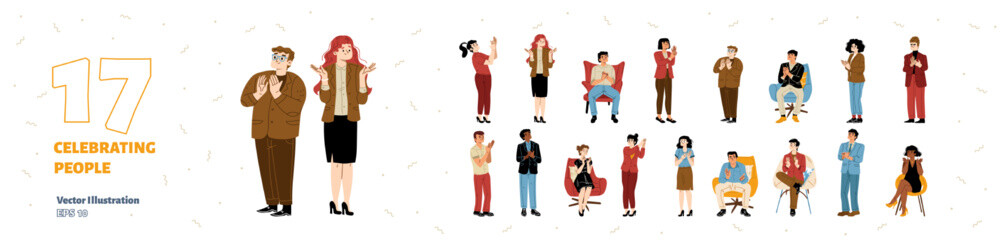 Wall Mural - People celebrating, flat vector illustration set isolated on white background. Happy male and female characters applauding, clapping hands, sitting and standing at party or business presentation