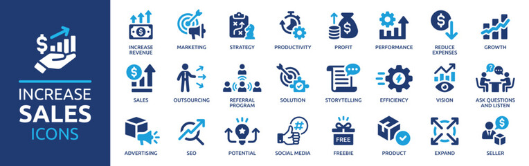 Poster - Increase sale icon set. Growth profit symbol. Business successful concept. Solid icon collection. Vector illustration.