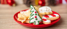 Merry Christmas With Homemade Cookies On Wood Table Background. Xmas, Party, Holiday And Happy New Year Concept