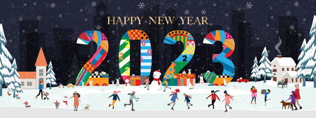 Wall Mural - Vector Happy New Year 2023 with Winter landscape in city with polar bear,rabbit,people celebrating on Christmas Eve.Winter wonderland in the town with kids sledding and skating in the city park