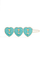 Close-up Shot Of A Gold Barrette With Three Turquoise Hearts With Rose Decoration. The Hair Clip Is Isolated On A White Background. Front View.