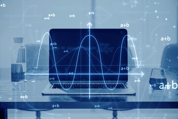 Poster - close up of designer workplace with laptop water glass and abstract glowing mathematical formula gra