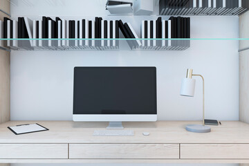 Poster - Close up of designer desktop with empty computer screen, bookshelves, supplies and light wall background. Mock up, 3D Rendering.