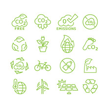 Zero Emissions, Carbon Footprint Reduction Vector Icon Set. Ecology, Environment Outline Icons.