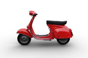 Side view 3D illustration of a red generic motor scooter isolated on a transparent background.