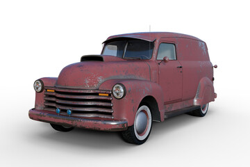 Poster - 3D rendering of an old vintage American panel van with faded and peeling red paintwork isolated on transparent background.