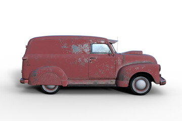 Poster - Side view 3D rendering of an old vintage American panel van with faded and peeling red paintwork isolated on transparent background.