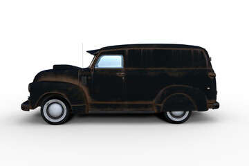 Poster - Side view 3D rendering of an old black retro American panel van isolated on transparent background.