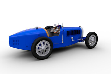 Rear perspective 3D illustration of a vintage blue racing car isolated on transparent background.