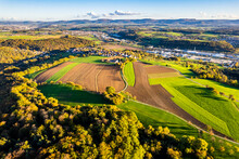 Germany, Baden-Wurttemberg, Drone View Of Autumn Fields In Vilstal Valley