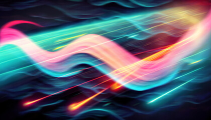 Wall Mural - Light motion. Neon laser. Blur rays. Speed art. Defocused fluorescent pink blue orange color glow wave on dark black collage abstract background.