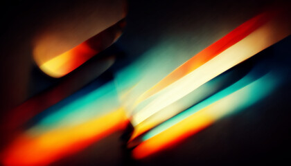 Wall Mural - Defocused glow. Light flare. Rays motion. Blur red orange blue color flecks glare on dark black collage abstract background.