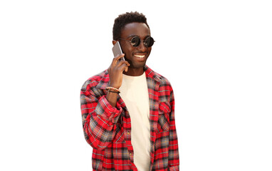 Wall Mural - Portrait of handsome smiling young african man calling on smartphone isolated on white background
