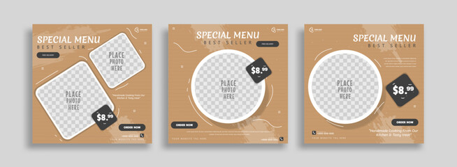 Wall Mural - food menu creative social media post banner template. easy use for promotions your product  with black and brown background.