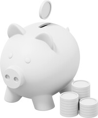 Poster - White piggy bank, dropping coins, stacks of money. PNG icon on transparent background. 3D rendering.