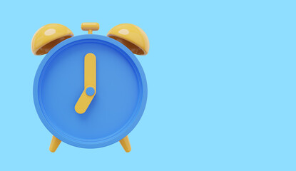 Poster - Minimal blue cartoon alarm clock. 3D rendering. Icon on blue background, space for text.