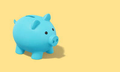 Poster - Blue piggy bank on yellow background. Accumulation of savings icon. Banner, space for text. 3D rendering.