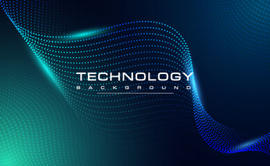 Digital technology blue green background, online cyber media algorithm, dark abstract wave futuristic circuit tech, innovation future, internet network connection, Ai big data, dot illustration vector