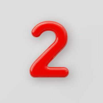 3D Red plastic number 2 with a glossy surface on a gray background.