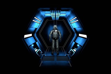 Wall Mural - astronaut cosmonaut goes into outer space along the corridor. space exploration, flights to distant 