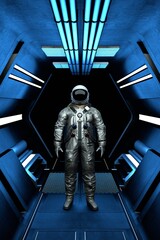 Wall Mural - astronaut cosmonaut goes into outer space along the corridor. space exploration, flights to distant 