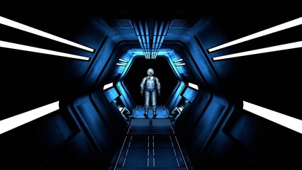 Wall Mural - astronaut cosmonaut goes into outer space along the corridor. space exploration, flights to distant 