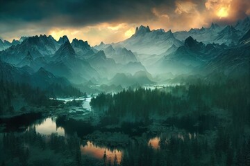 Wall Mural - Breathtaking nature mountain landscape, 3d illustration