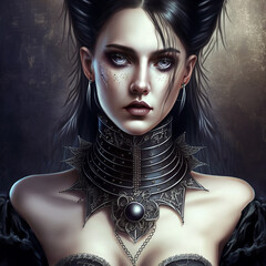 Beautiful Fictional Gothic woman with studded choker and ornate corset, Dark Art, Fantasy Illustration