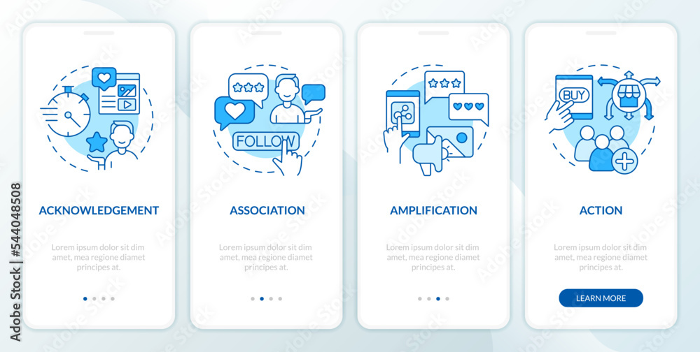 Types of social media engagement blue onboarding mobile app screen ...