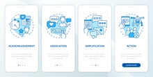 Types Of Social Media Engagement Blue Onboarding Mobile App Screen. Walkthrough 4 Steps Editable Graphic Instructions With Linear Concepts. UI, UX, GUI Template. Myriad Pro-Bold, Regular Fonts Used